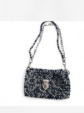 Beaded Evening Clutch in Navy & Silver with Chain Strap